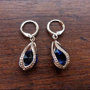 Blue Crystal Gold Cage Earrings